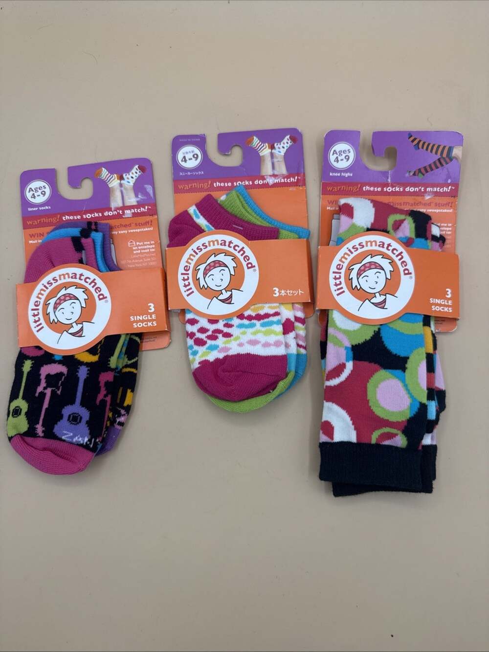 3 Packs Little Miss Matched Socks Liners, Anklets, Knee Highs Guitar Stars Dots